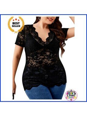 Plus Size Floral Lace V-Neck Short Sleeve Blouse Sheer Mesh Top